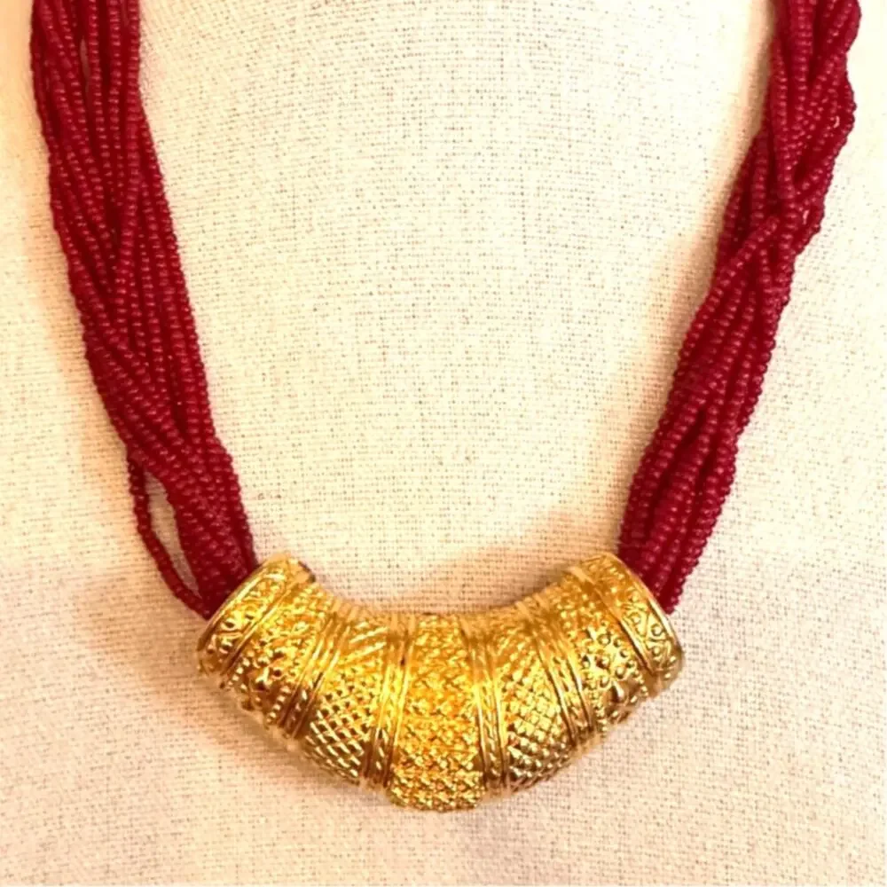 Bollywood Red Beaded Gold Plated Necklace Nepali Mali Wedding Costume Jewelry